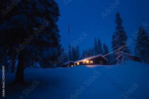 Forest scandinavian cabin in snowy woodland. Winter in Norway.