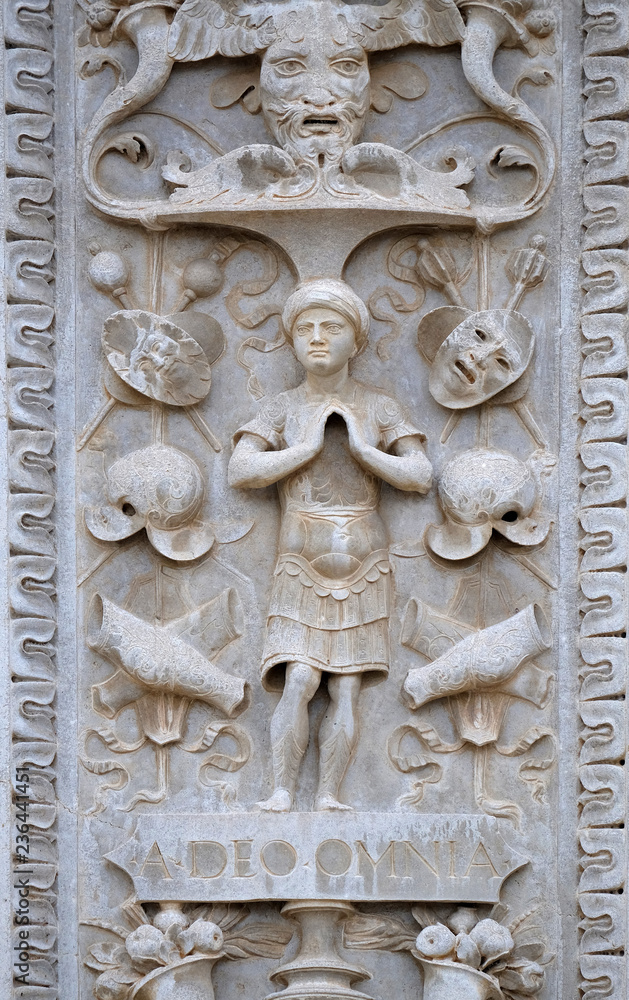 Relief on the portal of the Cathedral of Saint Lawrence in Lugano, Switzerland