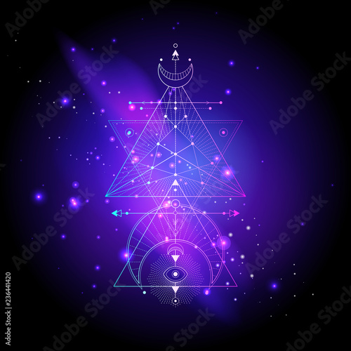 Vector illustration of Sacred or mystic symbol on abstract background. Geometric sign drawn in lines. Multicolored. For you design and magic craft.