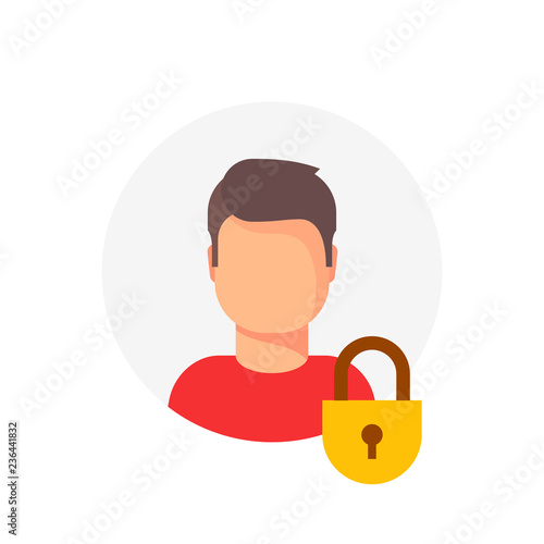 Personal account private protection or locked vector icon, flat cartoon person profile protected with closed lock, blocked user account, private user icon, safe or secure data, access denied