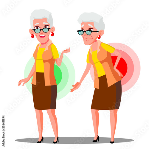 Bent Over Old Woman From Back Ache, Sciatica Vector. Isolated Cartoon Illustration