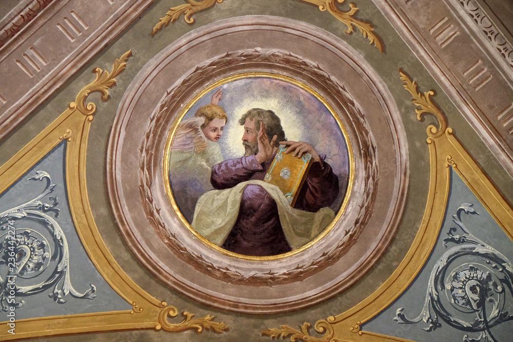 Saint Matthew the Evangelist, ceiling fresco in the church of St. Victor on the Fishermen Island, one of the famous Borromeo Islands of Lake Maggiore, Italy