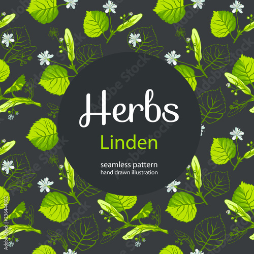 Vector floral seamless pattern with linden flowers. Hand drawn eco design for fabric and wrap paper, packaging- tea, oil, cosmetics etc.