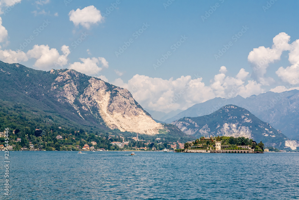 Isola Bella, one of the Borromean Islands on Lake Maggiore, Verbano, Italy, with mountains in the background.