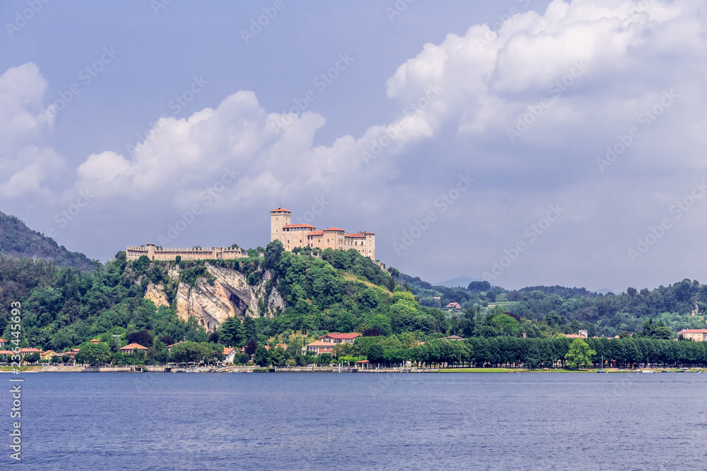 View of Fortress Rocca of Angera, as seen across Lake Maggiore from Arona.