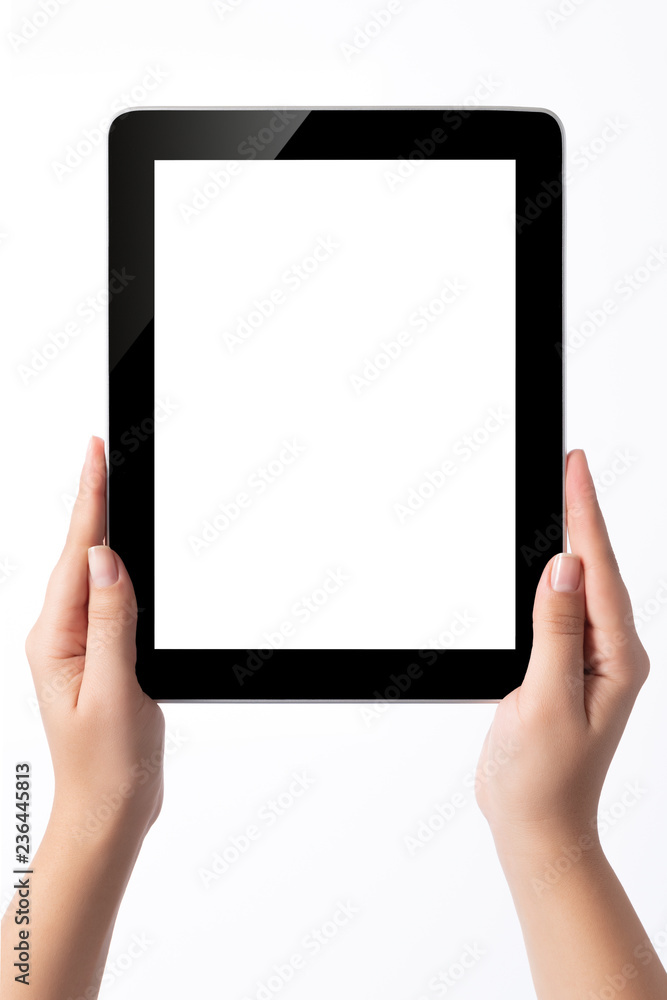 Hand holding blank screen tablet pc on white background Hand holding blank screen tablet pc on white background