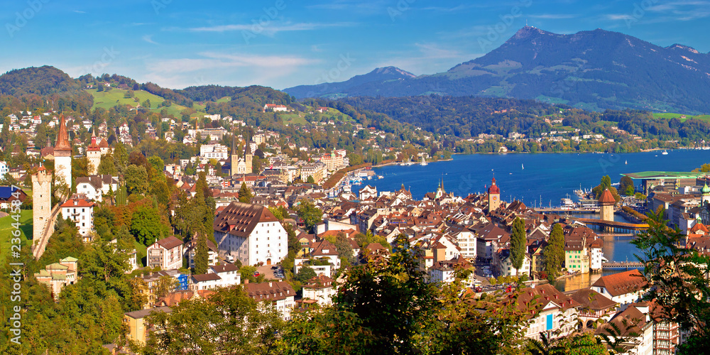 City and lake of Luzern panoramic aerial view