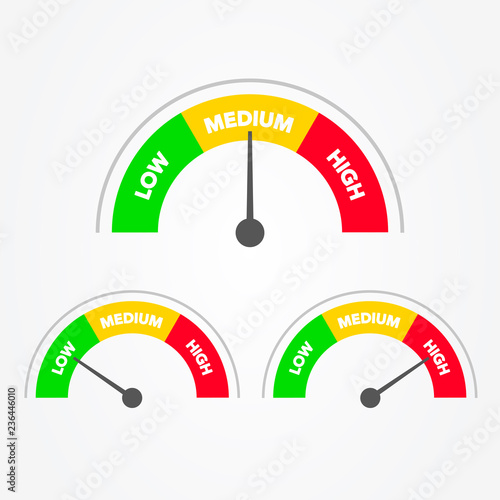 Vector Illustration Speedometer Scale from green to red with arrow and text low, medium and high