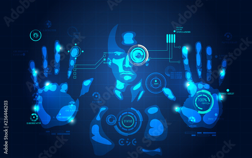 man using futuristic interface, vector of handprint scan