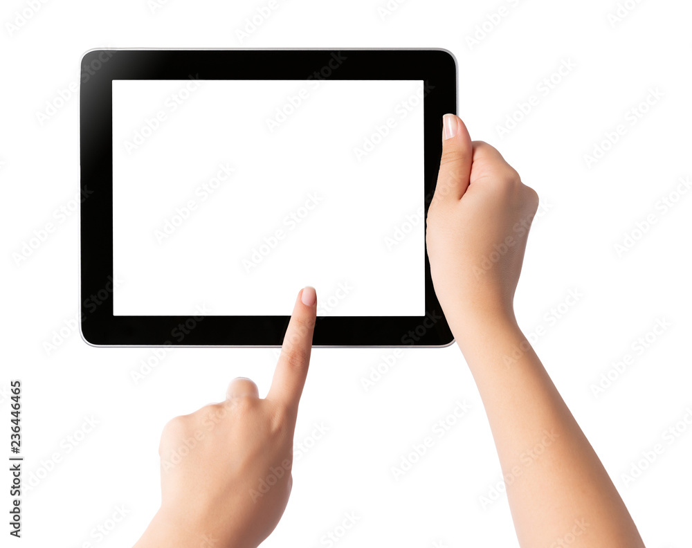 Hand holding blank screen tablet pc on white background Hand holding blank screen tablet pc on white background