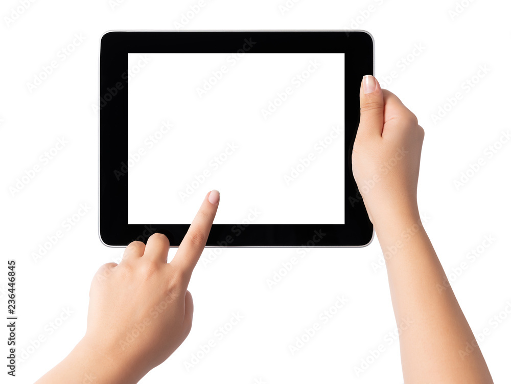 Hand holding blank screen tablet pc on white background Hand holding blank screen tablet pc on white background