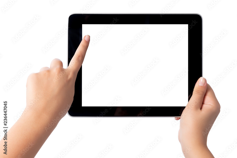 Hand holding blank screen tablet pc on white background Hand holding blank screen tablet pc on white background