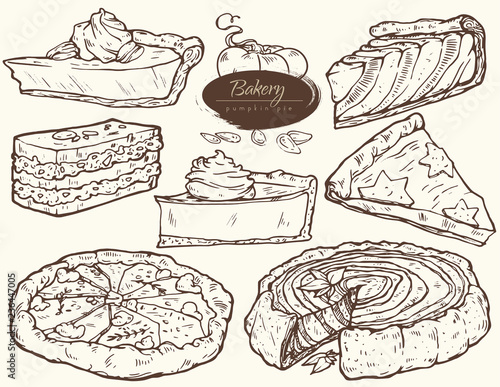 Set of vector illustrations. Sweet bakery - pumpkin pie. Hand drawn. Vintage style.