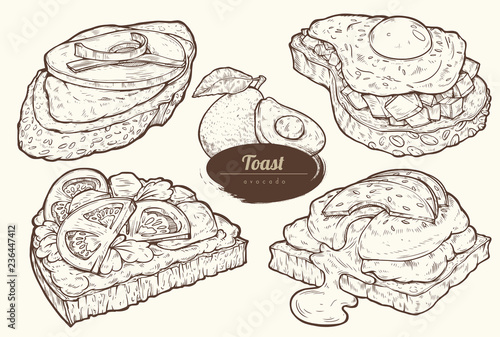 Avocado toasts with different toppings. Healthy breakfast meal. Set of vector illustrations isolated on light background. Hand drawn. Vintage style