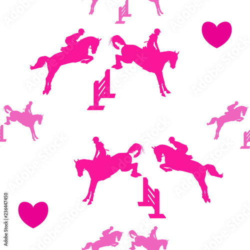 Equestrian seamless pattern - riders on horseback, jumping through simple obstacles