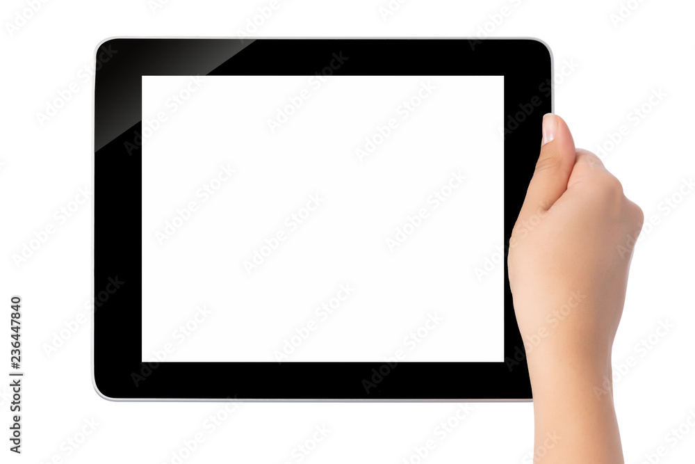 Hand holding blank screen tablet pc on white background Hand holding blank screen tablet pc on white background