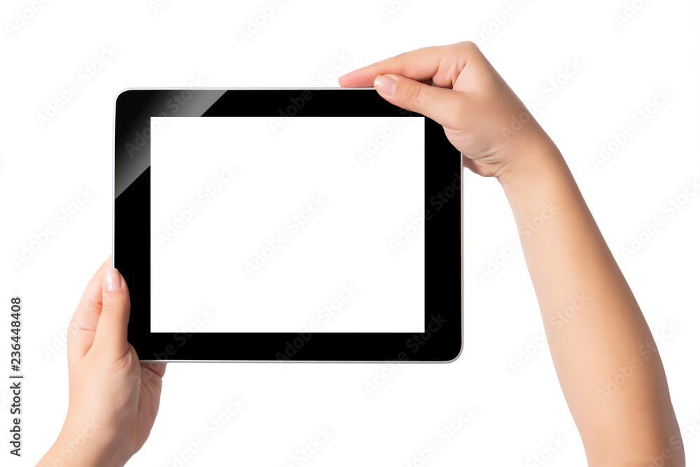 Hand holding blank screen tablet pc on white background Hand holding blank screen tablet pc on white background