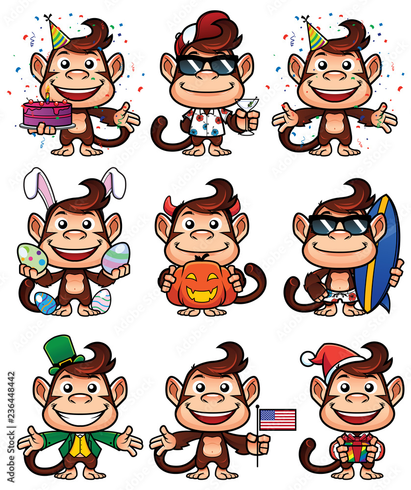 Set of cartoon monkey mascots or avatars for different holidays, isolated on white background. 