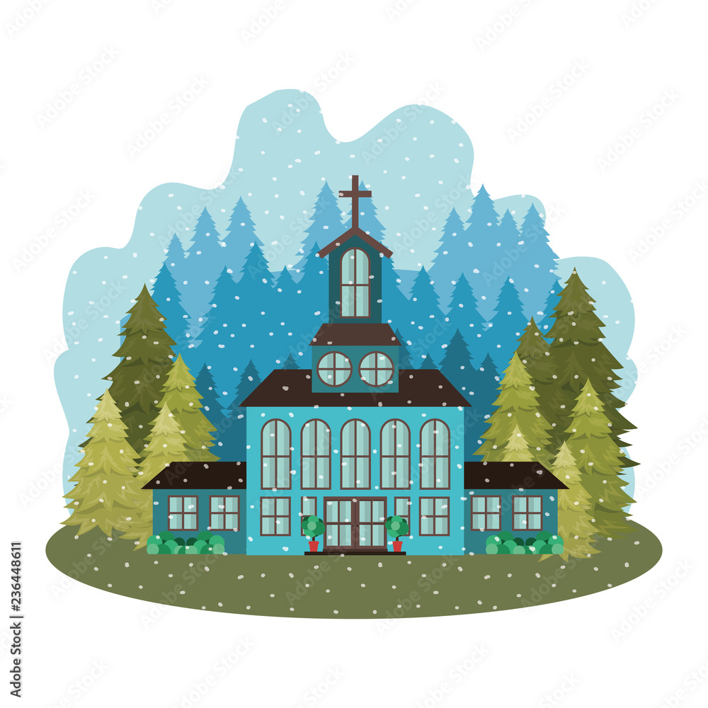 church with pines falling snow avatar character