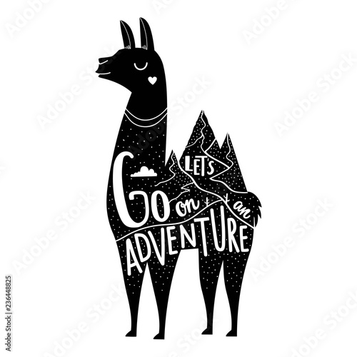 Vector illustration with llama animal and lettering quote - Let's go on an Adventure. Inspirational typography poster