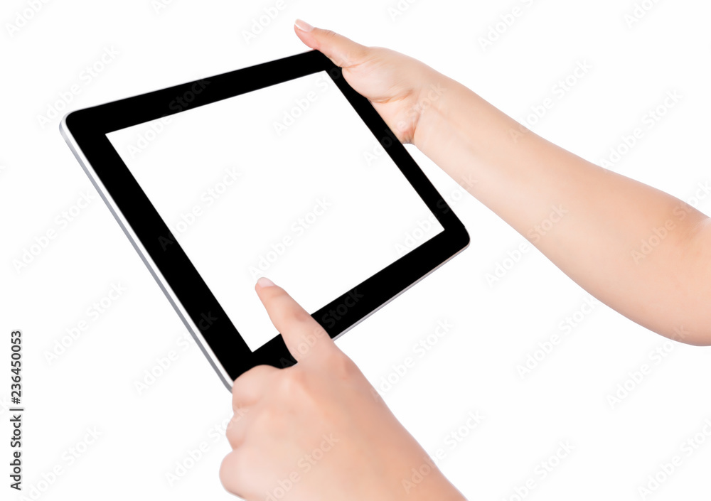 Hand holding blank screen tablet pc on white background Hand holding blank screen tablet pc on white background
