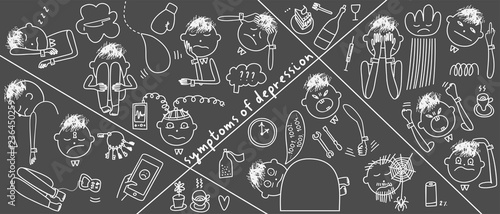 Depression signs and symptoms. Vector illustration of problems of mental health