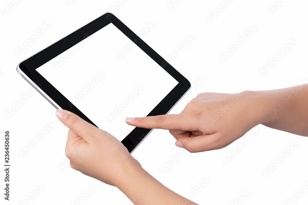 Hand holding blank screen tablet pc on white background Hand holding blank screen tablet pc on white background