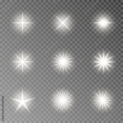 Flash light camera effect vector. Twinkle sparkle isolated on transparent background. Glare lens col