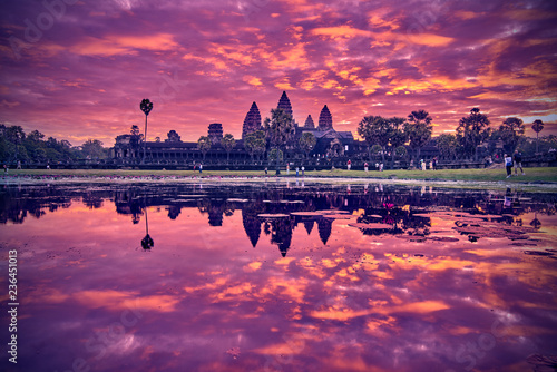 SIEM REAP, CAMBODIA - 13 December 2014:View of Angkor Wat complex at sunrise, Archaeological Park in Siem Reap, Cambodia, UNESCO World Heritage Site and popular tourist attraction