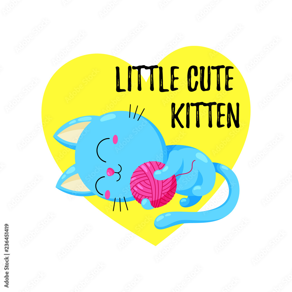 Cute cartoon kitten playing with a ball. Vector doodle illustration. Template for print, design