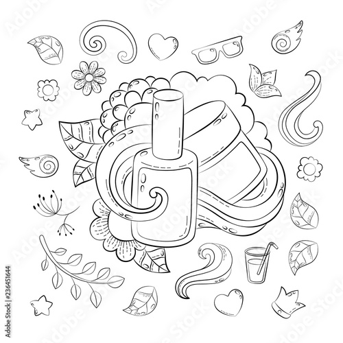 Make up Concept. Hand drawn cartoon doodle illustration. Beauty pattern. illustration for adult coloring book. Sketch for adult anti stress coloring book page with doodle and zentangle elements