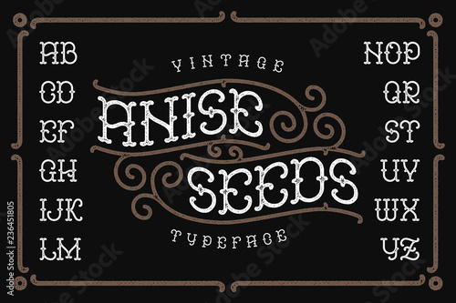 Vintage typeface named "Anise Seeds" with textured effect and ornate decorative frame.