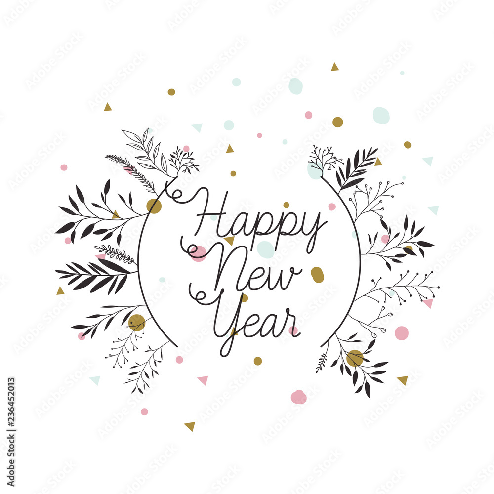 happy year with branch and leaves isolated icon happy year with branch and leaves isolated icon