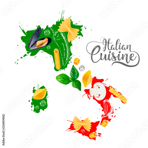 Foto Italian cuisine. Italy map.