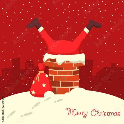 Santa Claus stuck in the chimney in the Christmas night