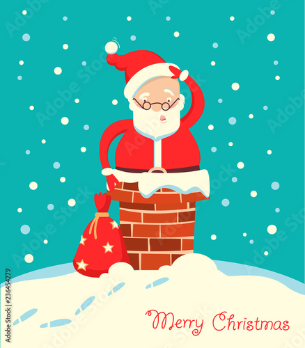 Santa Claus stuck in the chimney in the Christmas holiday winter night