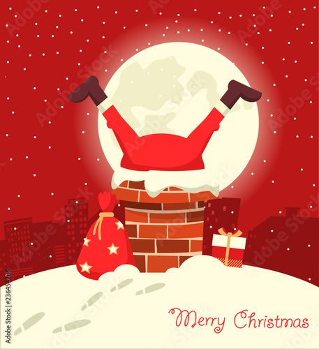 Santa Claus stuck in the chimney in the Christmas moon night