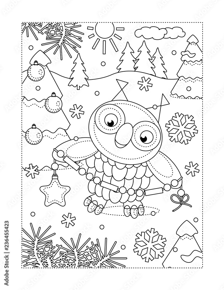 Winter Holidays Joy Themed Coloring Page With Owl Decorating Christmas Tree Stock Vector Adobe Stock
