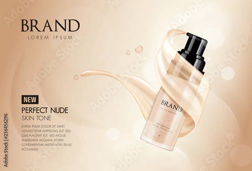 Cosmetic vector foundation premium product advertisment, ads for promotion. Make-up in bottle with its texture flowing on a soft beige background.