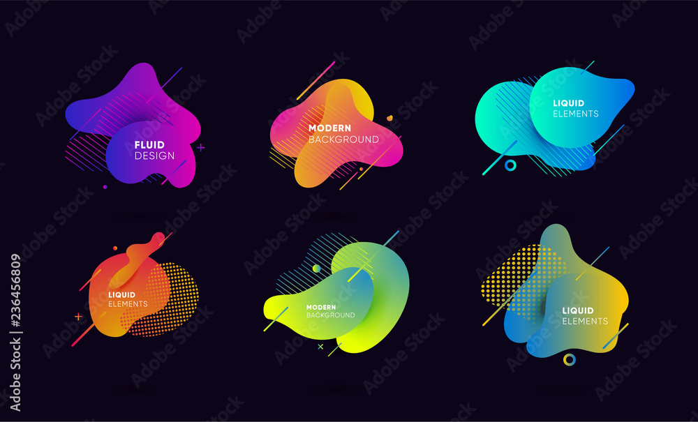 Dynamical colored graphic elements. Gradient abstract banners with flowing liquid shapes. Template for the design of a logo, flyer or presentation. Vector illustration.