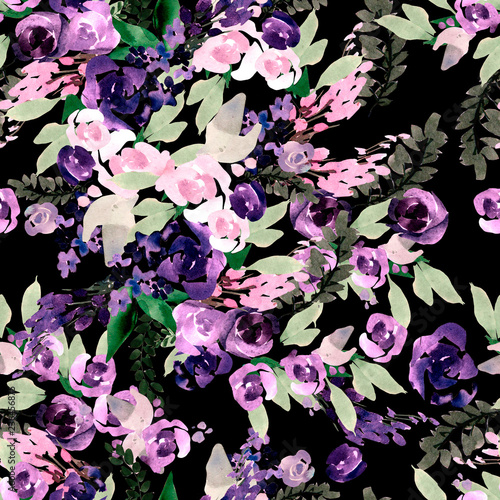 Beautiful watercolor pattern with purple and pink flowers.