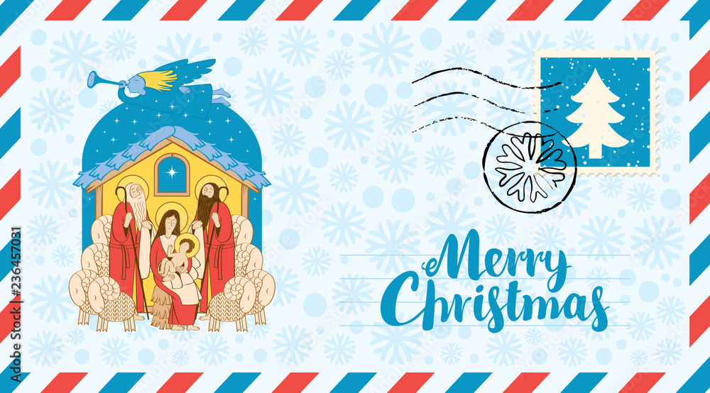 Vector envelope on the theme of Christmas with postage stamp and postmark. Bible illustration of Adoration of the Magi on the snowflakes background. Holy Family and Christmas angel. Mary and Jesus. Vector envelope on the theme of Christmas with postage stamp and postmark. Bible illustration of Adoration of the Magi on the snowflakes background. Holy Family and Christmas angel. Mary and Jesus.