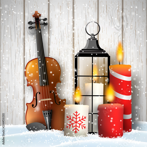 Christmas still-life with gift candles and violin
