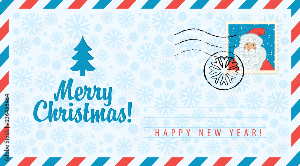 Obraz premium Vector envelope on the theme of Christmas and New year with a postage stamp and a postmark. Christmas tree and calligraphic inscription Merry Christmas on the snowflakes background.