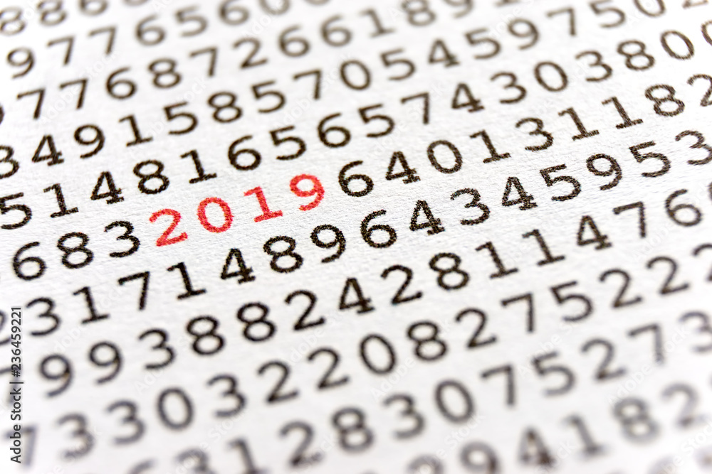 Background with black printed random numbers and the numbers 2019 in red for use as a template for a new year card or annual report Background with black printed random numbers and the numbers 2019 in red for use as a template for a new year card or annual report