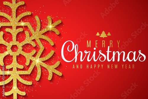 Merry Christmas and Happy New Year banner. Luxury and shiny snowflake of golden glitters on a red background. Greeting card. Vector illustration