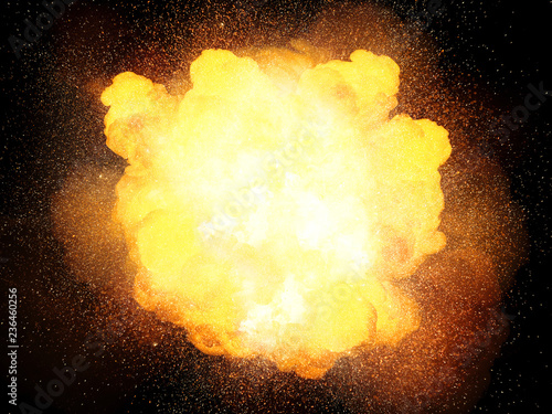 Fiery hot and bright explosion, orange color with sparks isolated on black background