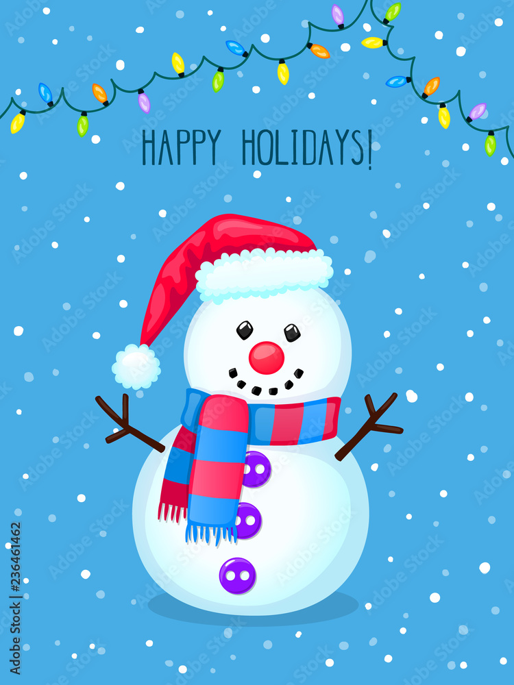 Christmas greeting card with cute snowman and electric lights. Colorful winter  cartoon background with snow. New year vector illustration with text 