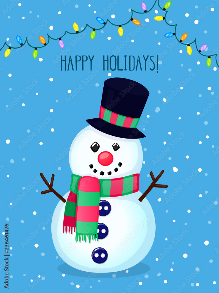 Christmas vector greeting card with funny snowman and electric lights. Colorful winter cartoon background. New year vector illustration with text 