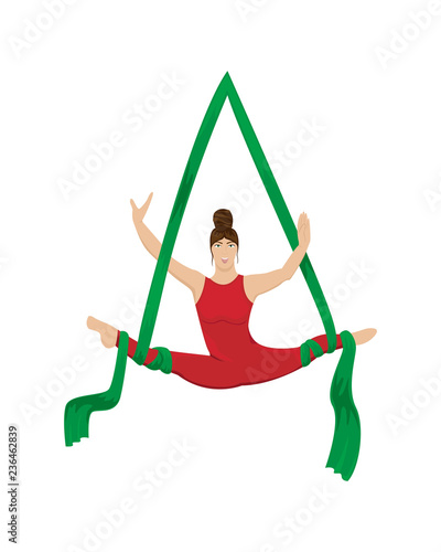 Circus aerial gymnast on the canvases. Flat vector illustration.